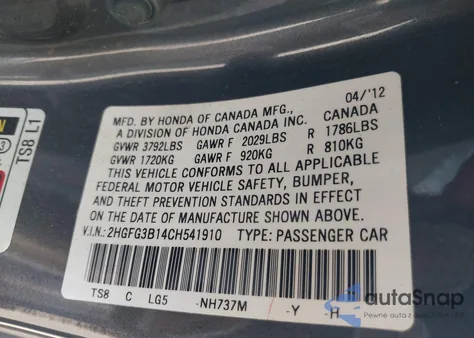 2012 Honda Civic Ex-L z USA, uszkodzony, nr VIN 2HGFG3B14CH541910